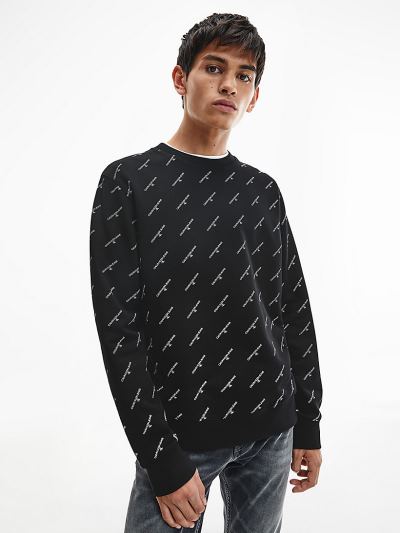 Calvin Klein Ruhák HU621395 | Calvin Klein Organic Cotton All-Over Logo Férfi Pulóver Fekete